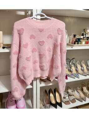 Super Cute Women’s Pink Fuzzy Heart Beaded Knit Crew Pullover Sweater L